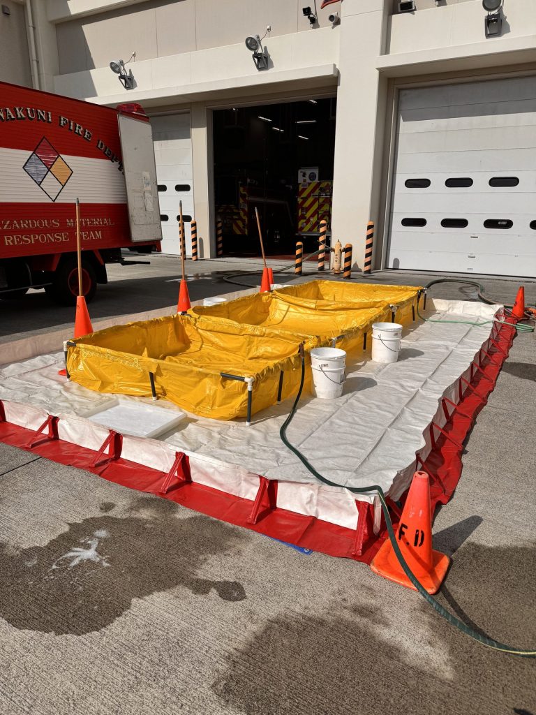 Hazmat decontamination corridor set up outside a fire station